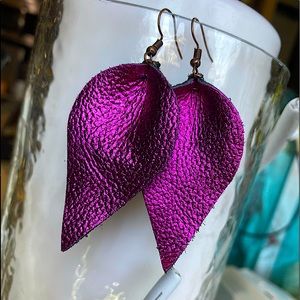 Rose-Pink Leaf Leather Earrings Hook Drop Dangle